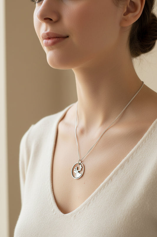 Woman wearing a delicate silver necklace with a pendant against a neutral background