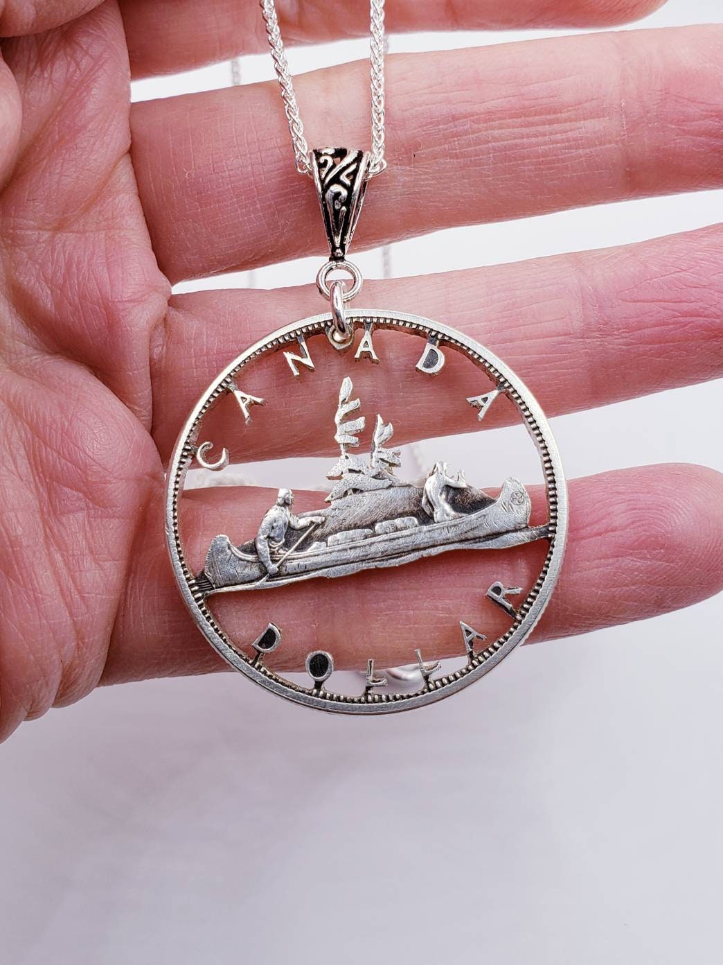 Hand Cut Canadian Silver Dollar Necklace